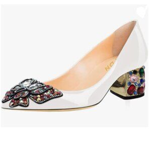 YDN White Pointed Toe Bow Pump Colorful Rhinestone Block Low Heel Butterfly Shoe